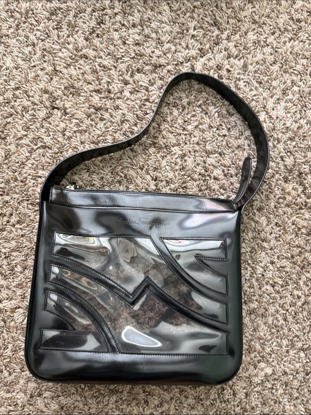 Salvatore Ferragamo Black Patent Leather Shoulder Bag with Clear Panel